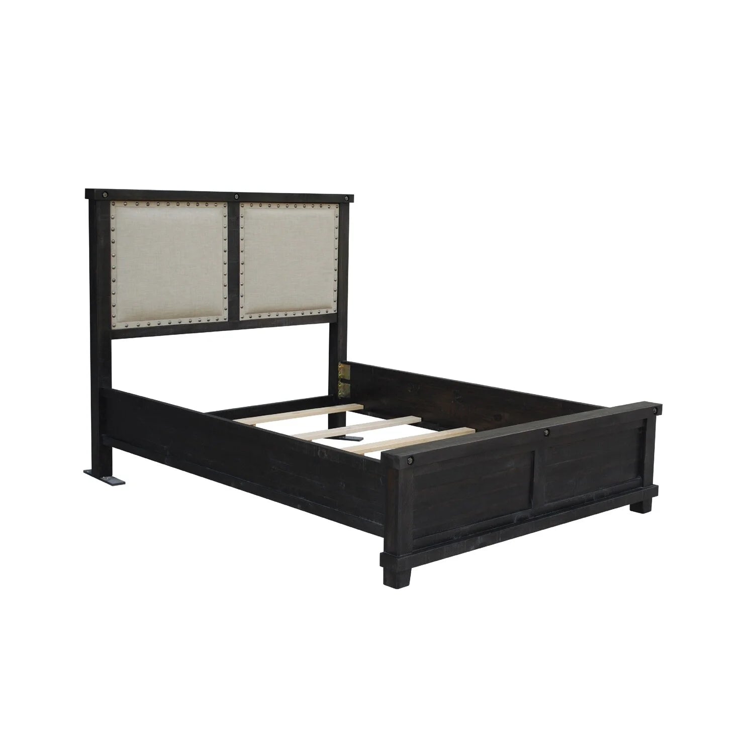 Benjara Liu Low Profile Solid Pine Wood Queen Bed, Plank Panel Style, Rustic Black