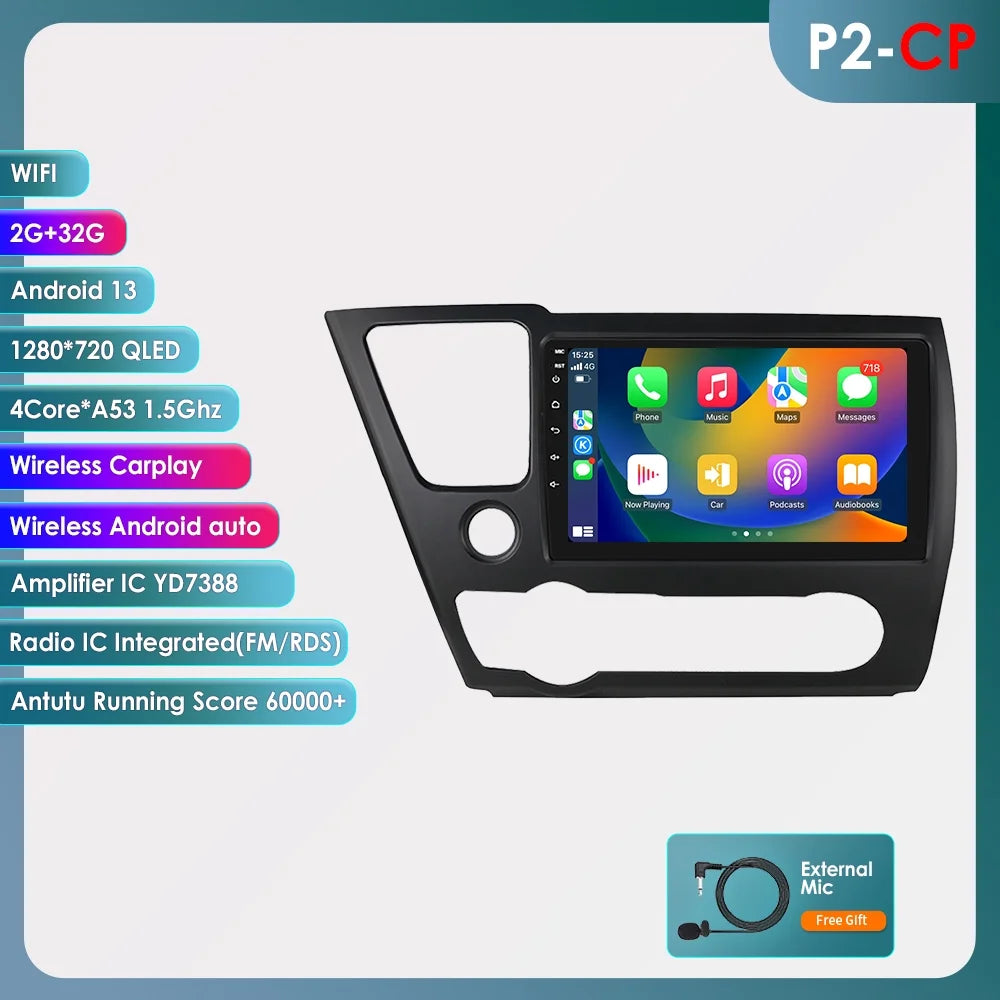 9 Touch Screen Android 13 CarPlay Bluetooth 2+32GB Wifi FM Car Radio Stereo Head Unit GPS Navigation For Honda Civic 2013 2014 2015 2016