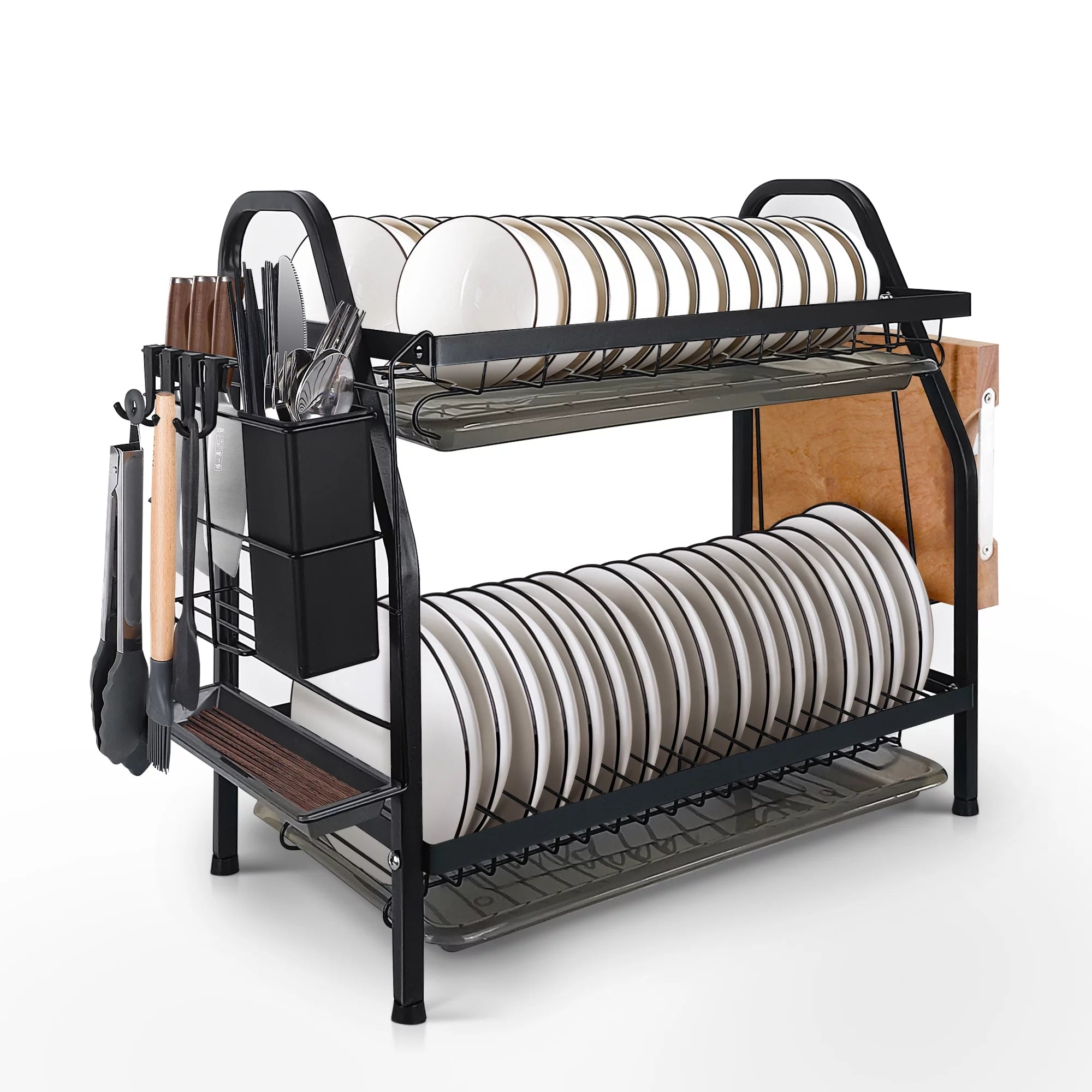 Home Shark Dish Drying Rack, 2-Tier Compact Kitchen Dish Rack Drainboard Set, Black