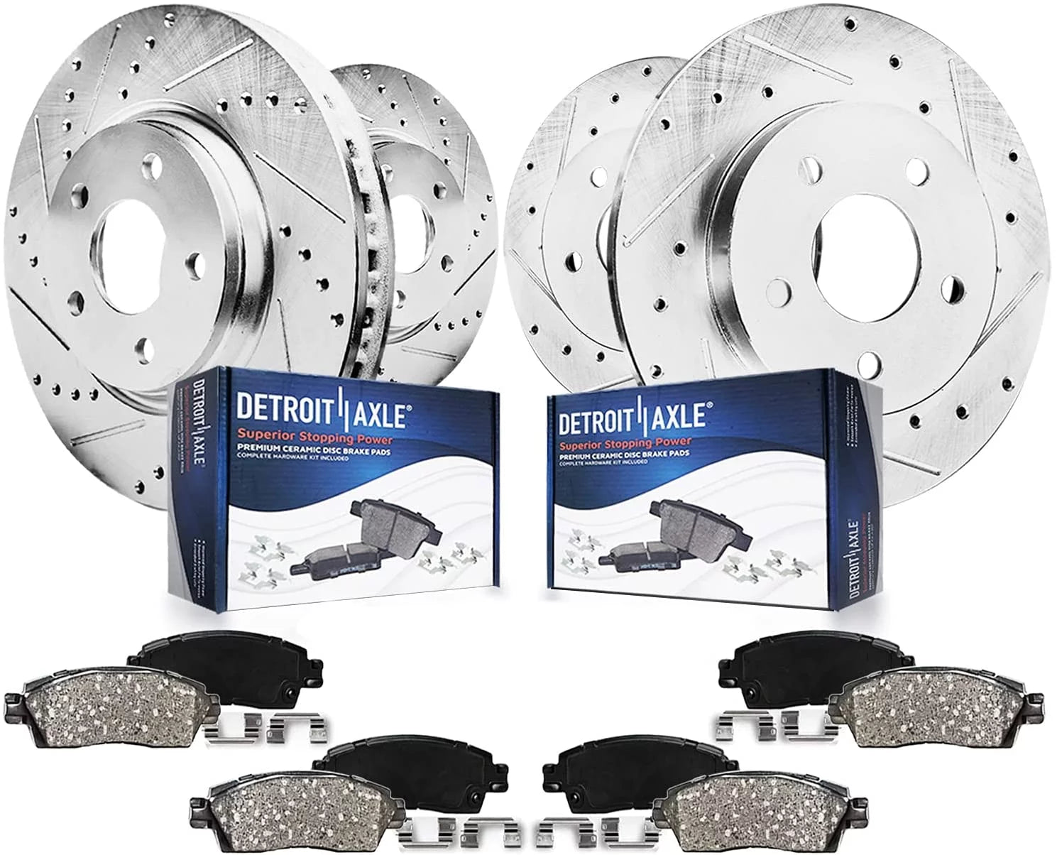 Detroit Axle - Brake Kit for 2005-2009 Buick Allure Lacrosse, 2005-2008 Pontiac Grand Prix Drilled & Slotted Disc Brake Rotors Ceramic Brakes Pads 2005 2006 2007 2008 2009 Front & Rear Replacement