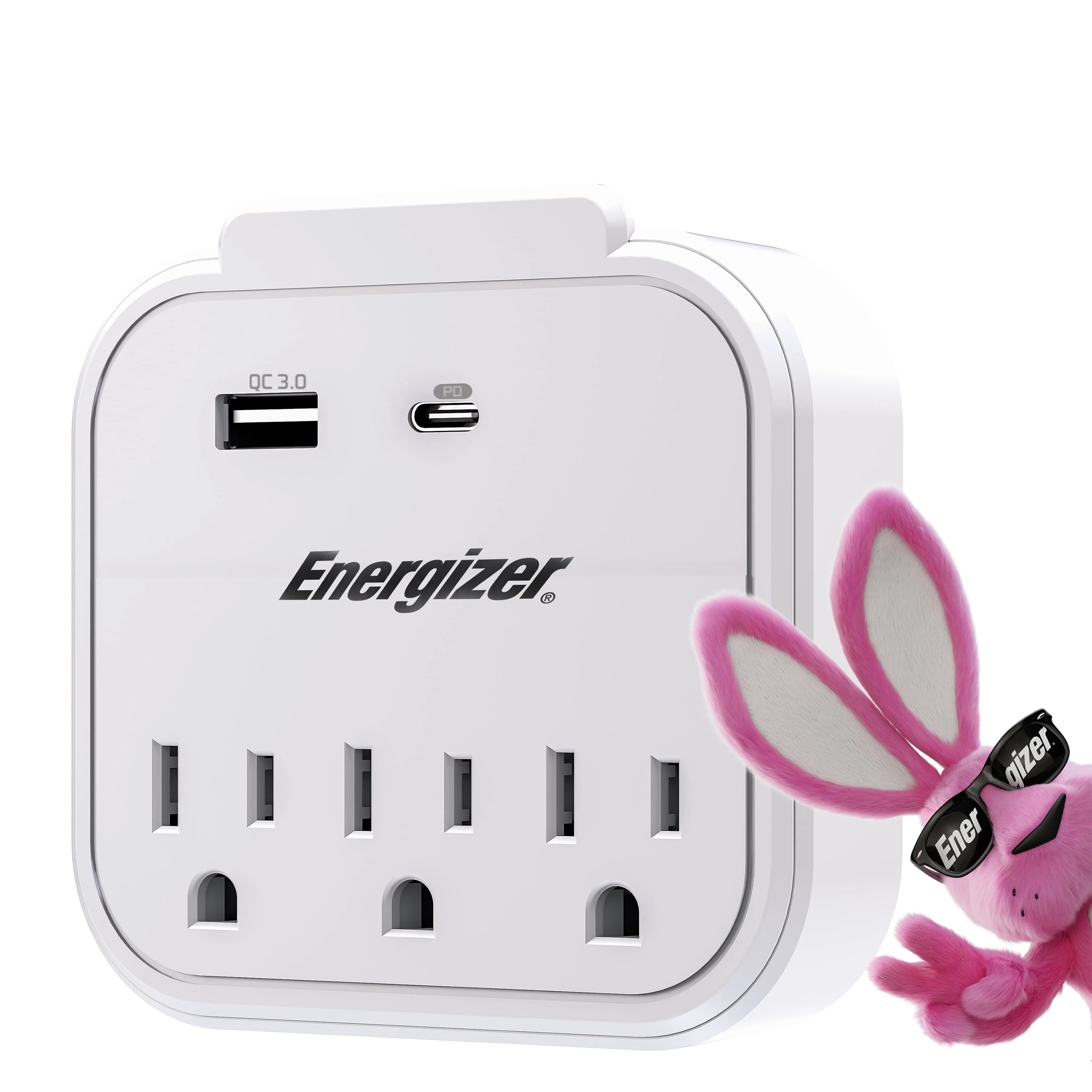 Energizer 5 Device Grounded Wall Tap - Includes - 3x AC Power Outlets / 1x 20W Power Delivery Fast Charging Type-C Port / 1x USB-A 18W Fast Charging Port / 1x Built-In Device Holder - Plug In Adapter