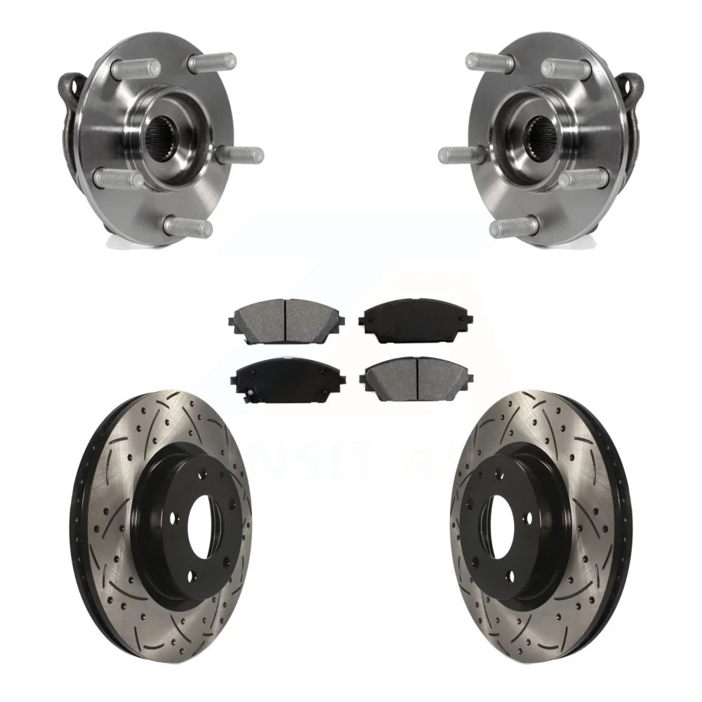 Transit Auto - Front Hub Bearing Assembly With Coated Drilled Slotted Disc Brake Rotors And Semi-Metallic Pads Kit For Mazda 3 CX-3 Sport KBB-103168