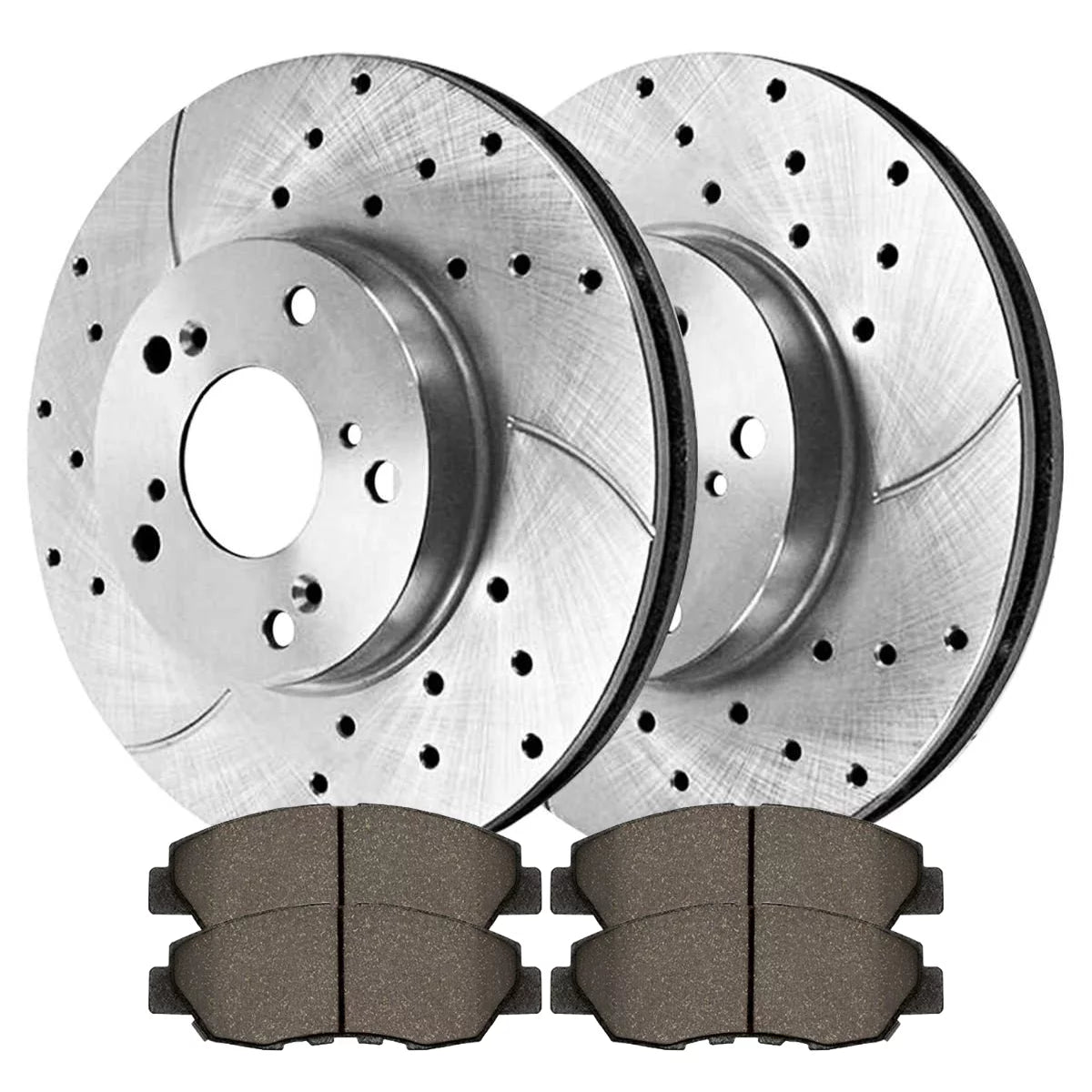 AutoShack Front Drilled Slotted Brake Rotors Silver and Performance Ceramic Pads Kit Driver and Passenger Side Replacement for 2006 2007 2008 2009 2010 2011 Honda Civic 1.8L FWD