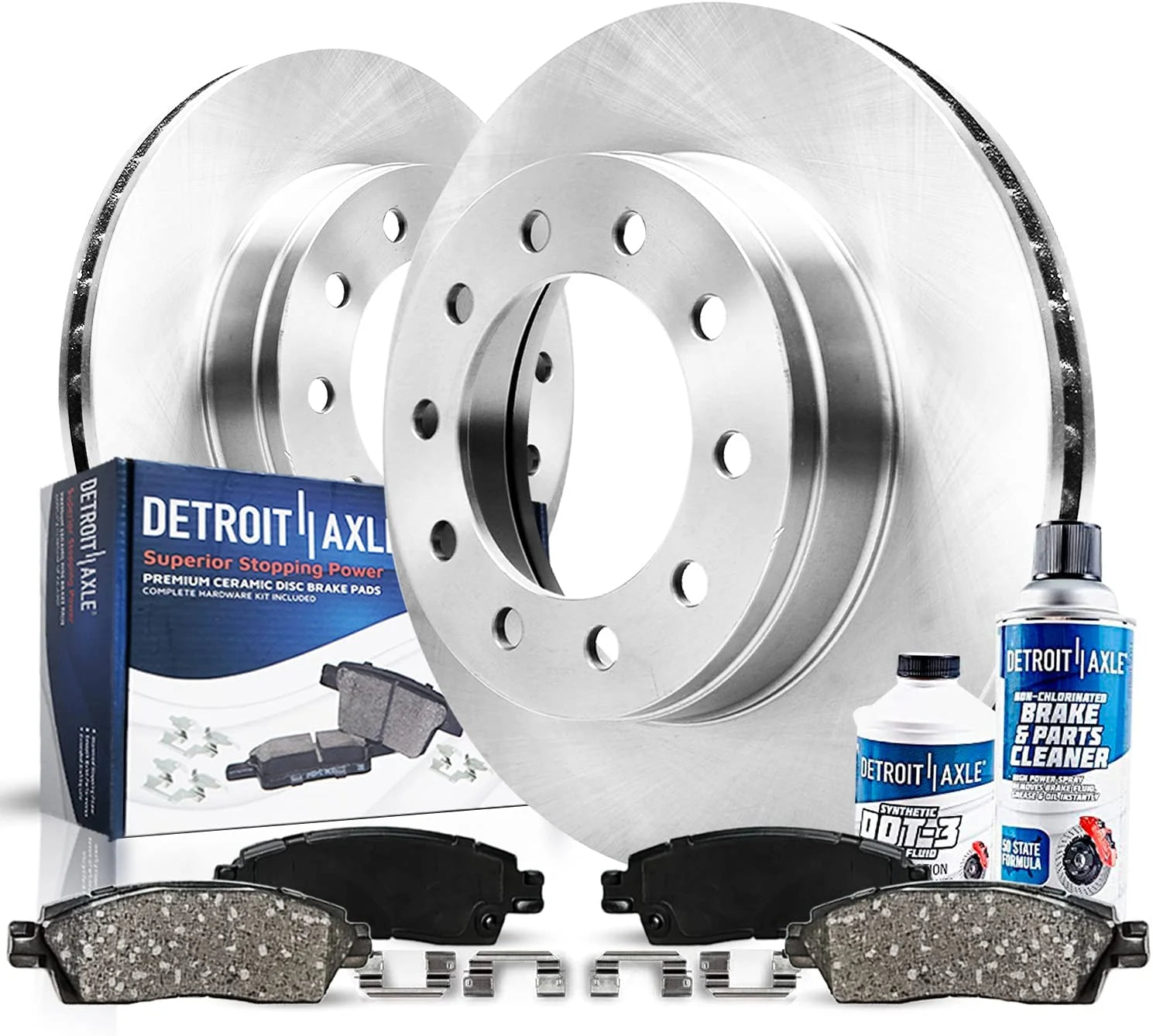Detroit Axle - Pair (2) Rear Disc Brake Kit Rotors w/Ceramic Pads Brake Kit Cleaner & Fluid for 2003 2004 2005 2006 2007 2008 2009 2010 2011 Lincoln Town Car Sedan Only