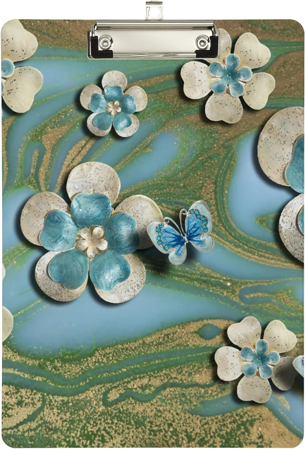 Wellsay Butterfly Cherry Blossom Flower Marble Print Clipboards for Kids Student Women Men Letter Size Plastic Low Profile Clip, 9 x 12.5 in, Silver Clip