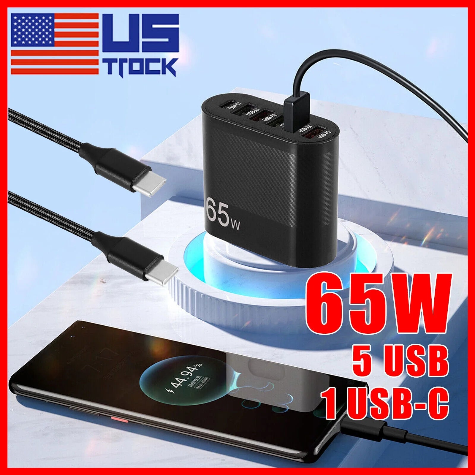 65W Fast Wall Charger 6 USB Ports Hub PD USB-C Type C QC3.1 Power Supply Adapter
