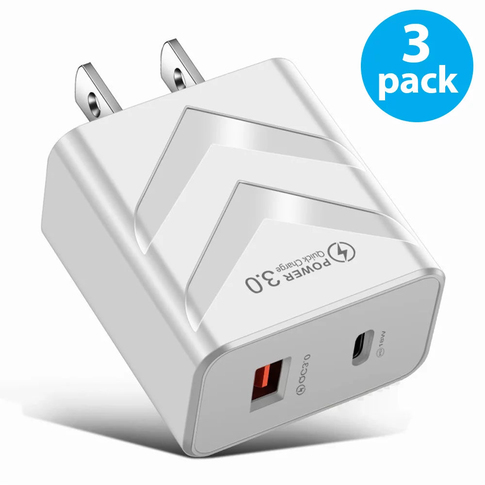 USB C Wall Charger, 3-Pack USB Type C Fast Power Charging Block Dual Port USB A & USB C Plug Adapter Compatible with iPhone, iPad, Samsung Galaxy, LG, Google Pixel, Moto, USB-C Port (White)