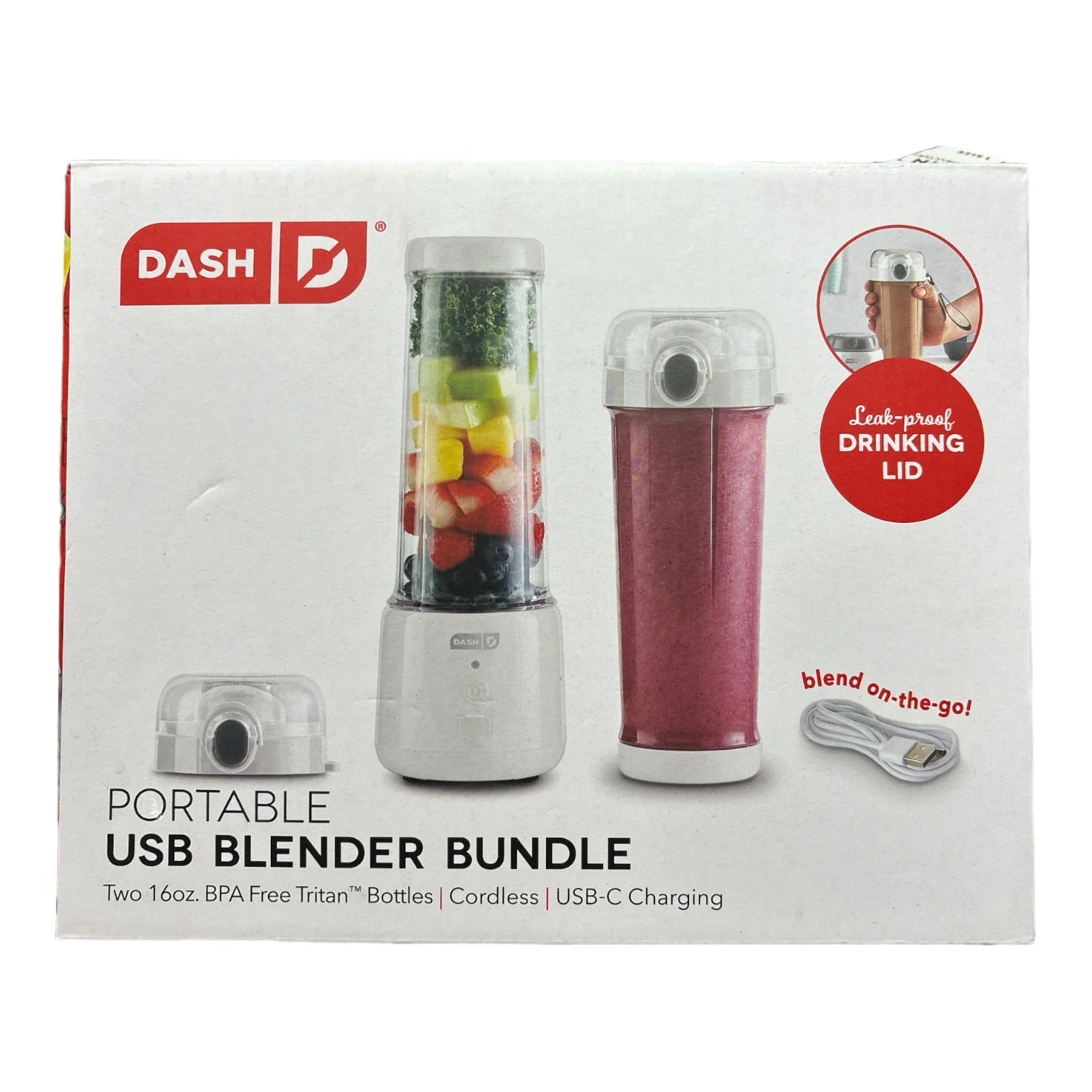 Dash 16oz BPA Free Portable Cordless USB Blender Bundle w/ Bonus Jar (White)