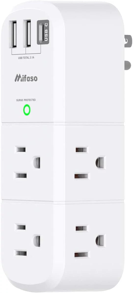 USB Outlet Extender Surge Protector - with Rotating Plug, 6 AC Multi Plug Outlet and 3 USB Ports (1 USB C), 1800