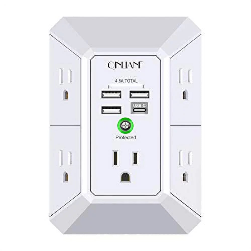 USB Wall Charger, Surge Protector, QINLIANF 5 Outlet Extender with 4 USB Charging Ports ( 4.8A Total) 3-Sided 1680J Power Strip Multi Plug Outlets Wall Adapter Spaced for Home Travel Office