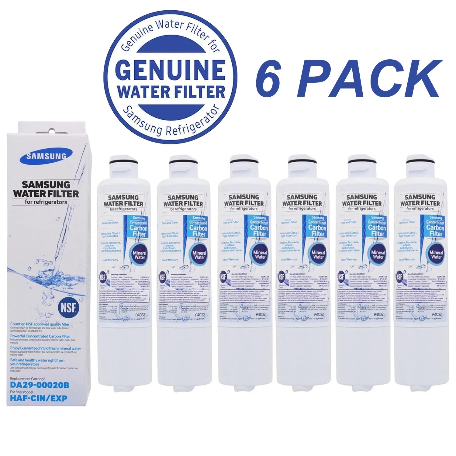 DA29-00020B NSF 53&42 Certified Refrigerator Water Filter, Replacement for Samsung DA29-00020B, HAF-CIN/EXP Pack of 6