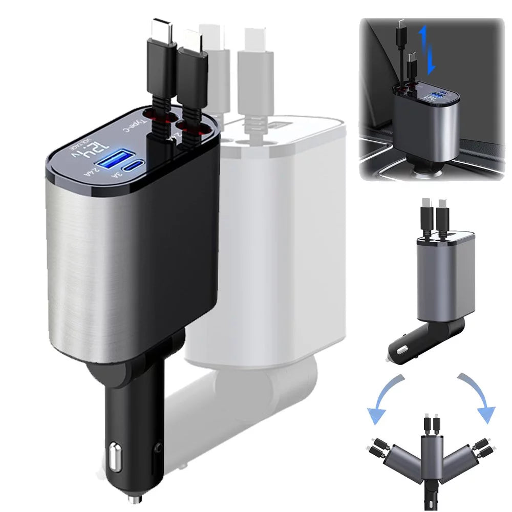 4-in-1 Retractable Car Charger Adapter Accessories,3A 60W Dual USB C Fast Charge Port,Charger Cables Automatic Storage,Overheating Automatically Shut off,Compatible with iPhone Samsung & Android