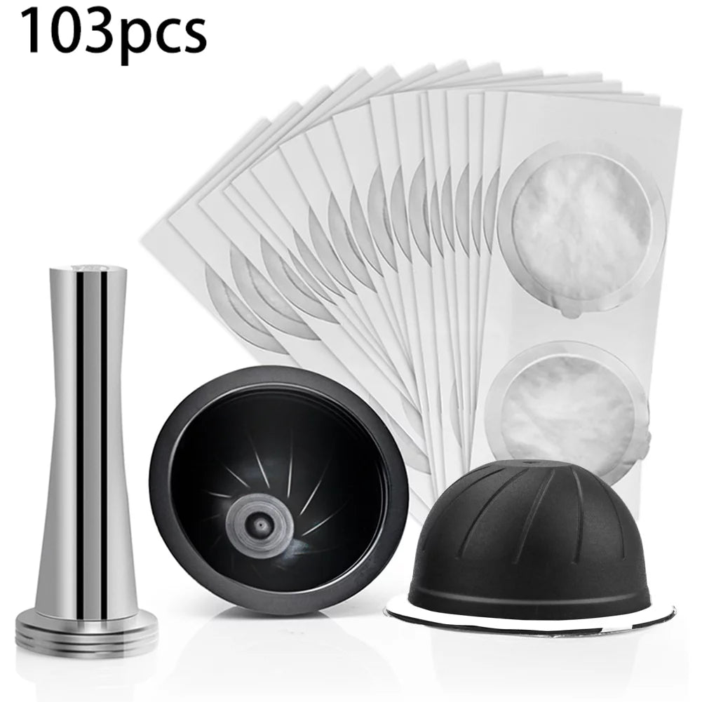 Yannee Coffee Capsule Cup Self Stick Aluminum Foil Tamper Set for Nespresso Vertuo,2*Capsule cups + 100*Aluminum foil + 1*Tamper