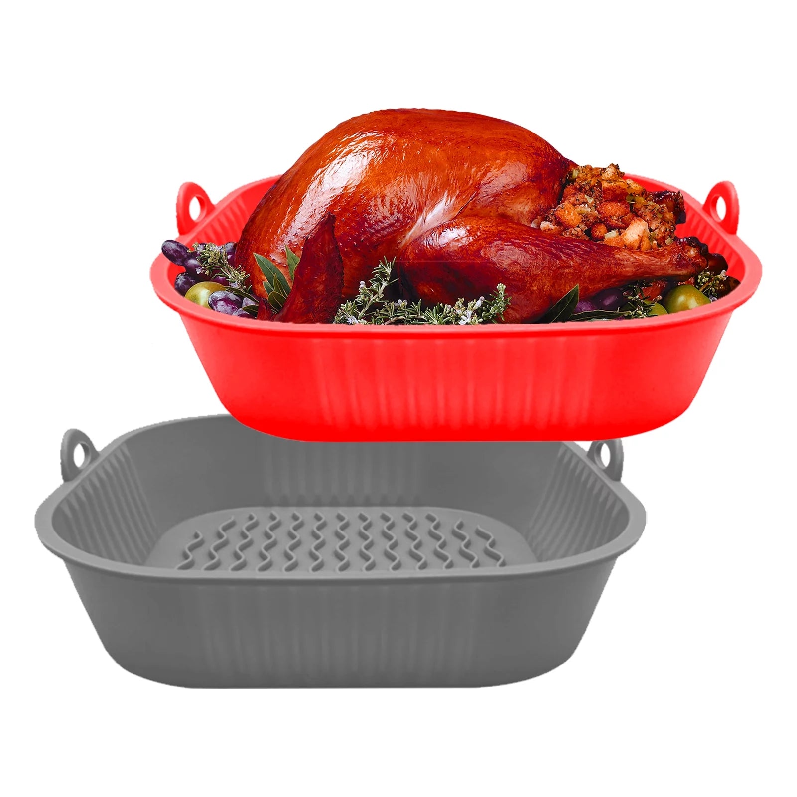2Pcs Air Fryer Silicone Liners, 8inch Reusable Food Grade Silicone Air Fryer Baking Tray Basket Accessories Replacement of Flammable Disposable Parchment Paper Fit 4-7QT Airfryer£¨Red +Grey£©