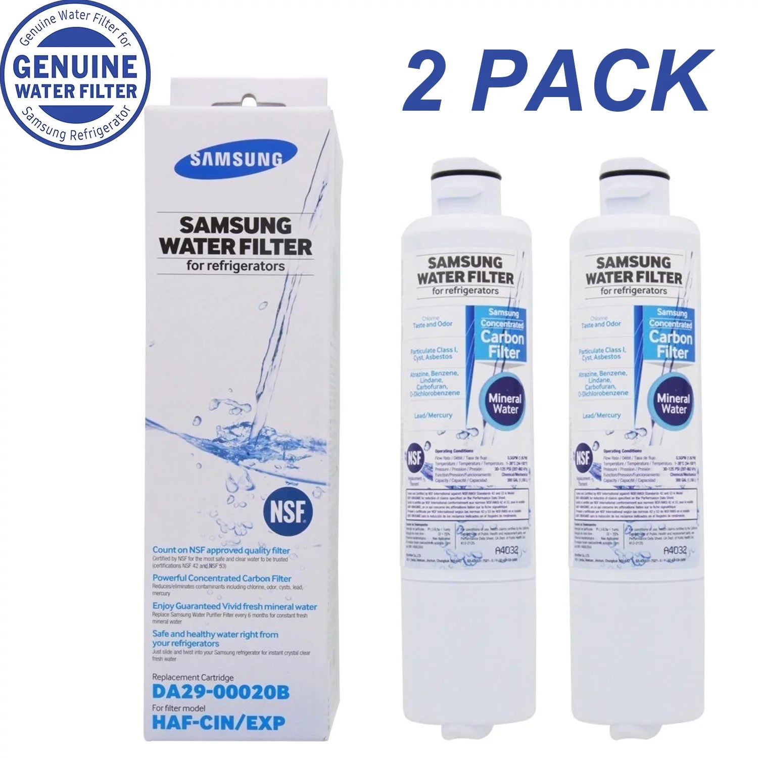 DA29-00020B NSF 53&42 Certified Refrigerator Water Filter, Replacement for Samsung DA29-00020B, HAF-CIN/EXP Pack of 2