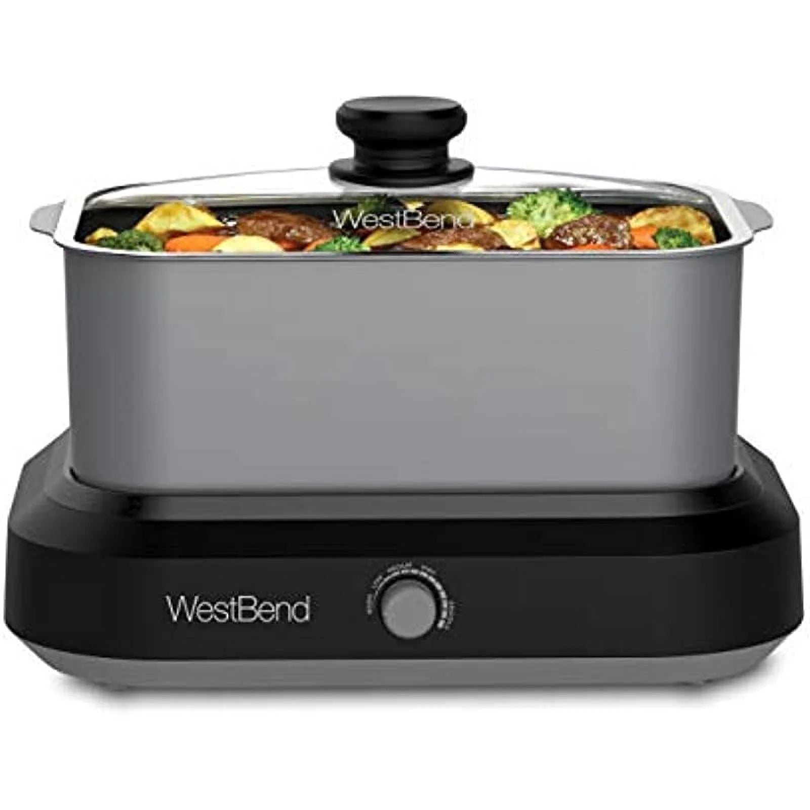 West Bend 87905 Slow Cooker Large Capacity Non-stick Variable Temperature Control Includes Travel Lid and Thermal Carrying Case, 5-Quart, Silver