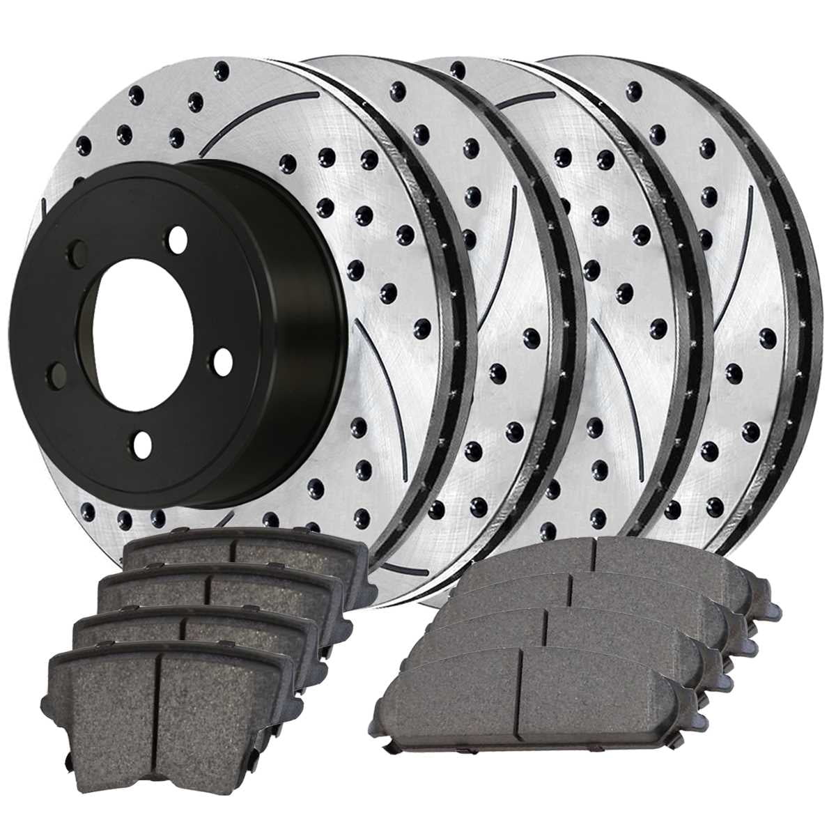 AutoShack Front and Rear Drilled Slotted Brake Rotors Black Performance Ceramic Pad Kit Replacement for 2005-2011 2012 2013 2014 Chrysler 300 2009-2011 Dodge Challenger 3.5L 3.6L 5.7L V6 V8 AWD RWD