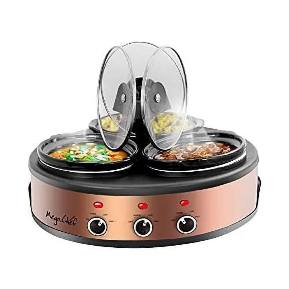 Round Triple 1.5 Quart Slow Cooker And Buffet Server In Brushed Copper And Black Finish With 3 Ceramic Cooking Pots And Removable Lid Rests