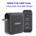 MINIX NEO P140 3 Port GaN Wall Charger with 3 USB-C Ports 1 x USB-C1 3.0 (Max 30W) 1 x USB-C2 3.0 (Max 100W) 1 x USB-C3 3.1 (Max 140W) Fast Charging, Adapter Included: EU, UK, US Plug
