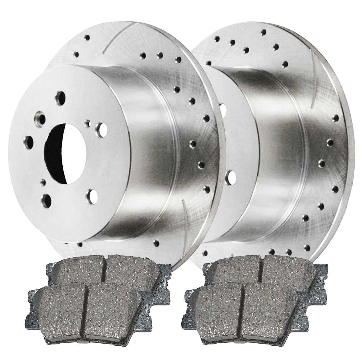 AutoShack Rear Drilled Slotted Brake Rotors Silver and Performance Ceramic Pads Kit Driver and Passenger Side Replacement for 2007-2011 Toyota Camry 2008-2012 Avalon 2007-2012 Lexus ES350 2.4L V6 FWD