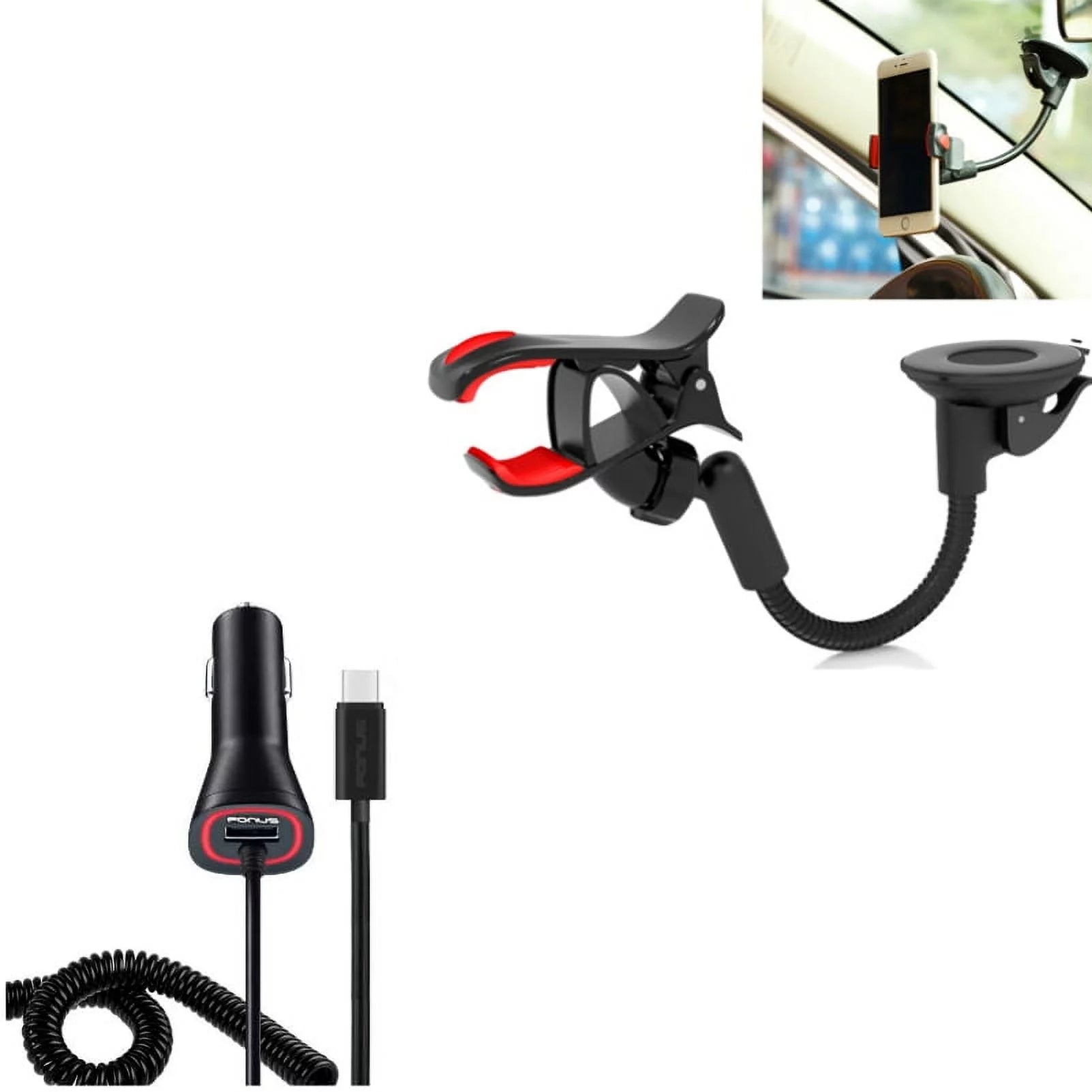 Quick Car Charger with Car Mount for Samsung Galaxy S20/Ultra/Plus Phones - Type-C Power Adapter DC Socket USB Port USB-C Coiled Fast Charge Plug-in, Dash Windshield Holder Swivel Rotating