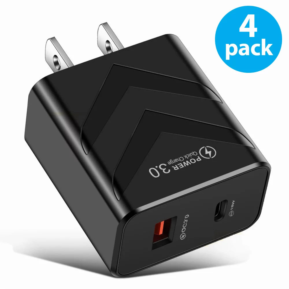 USB C Wall Charger, 4-Pack USB Type C Fast Power Charging Block Dual Port USB A & USB C Plug Adapter Compatible with iPhone, iPad, Samsung Galaxy, LG, Google Pixel, Moto, USB-C Port (Black)
