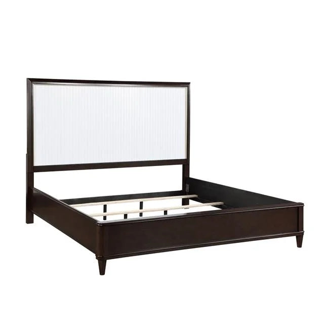 Benjara  Shim Queen Size Bed with Tall Headboard, White & Cherry Brown Wood