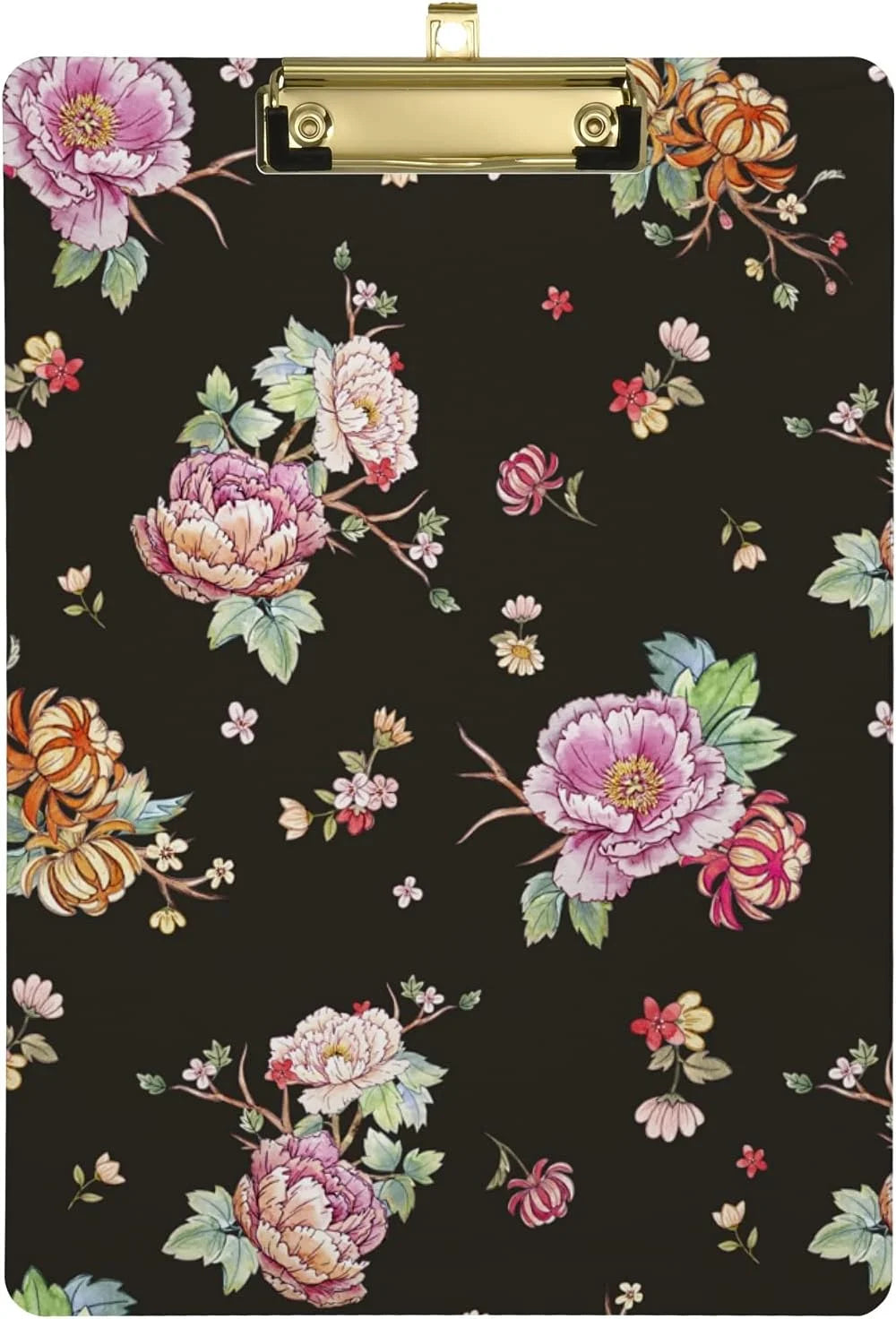 Wellsay Floral Peony Flowers Chrysanthemum Sakura Cherry Blossom Clipboards for Kids Student Women Men Letter Size Plastic Low Profile Clip, 9 x 12.5 in, Golden Clip