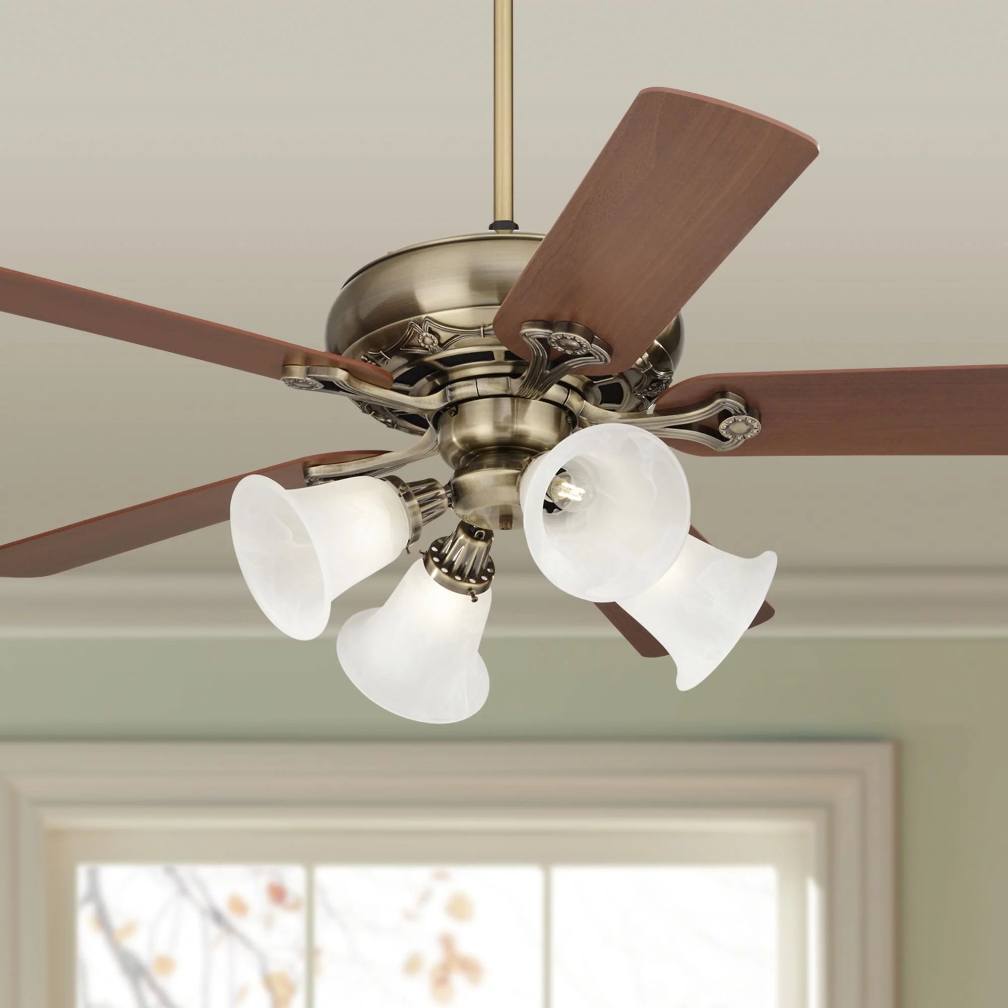 52 Casa Vieja Trilogy Rustic Farmhouse Indoor Ceiling Fan with LED 4-Light Antique Brass Walnut Cherry Marbleized Glass for Living Room Kitchen Home
