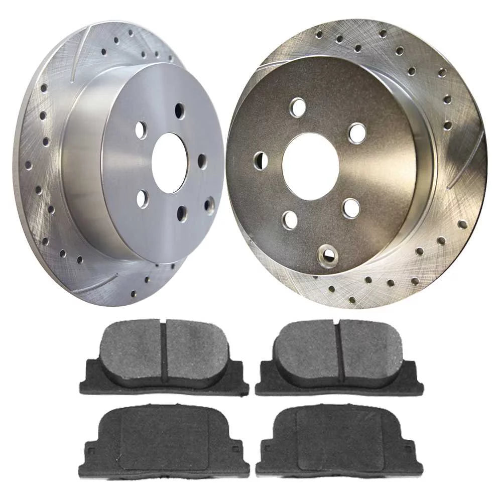 AutoShack Rear Drilled Slotted Brake Rotors Silver and Performance Pads Kit Replacement for 2005 2006 2007 2008 2009 2010 Scion tC 2.4L FWD