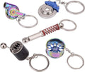 FEBRYTOLD 5 Pcs Car Parts Model Key Chains, Colorful Turbo Keychain, Black Manual Gearbox Keychain, Colorful Tire Rim Keychain, Blue Brake Rotor Keychain, Red Spring Shock-absorber Keychain