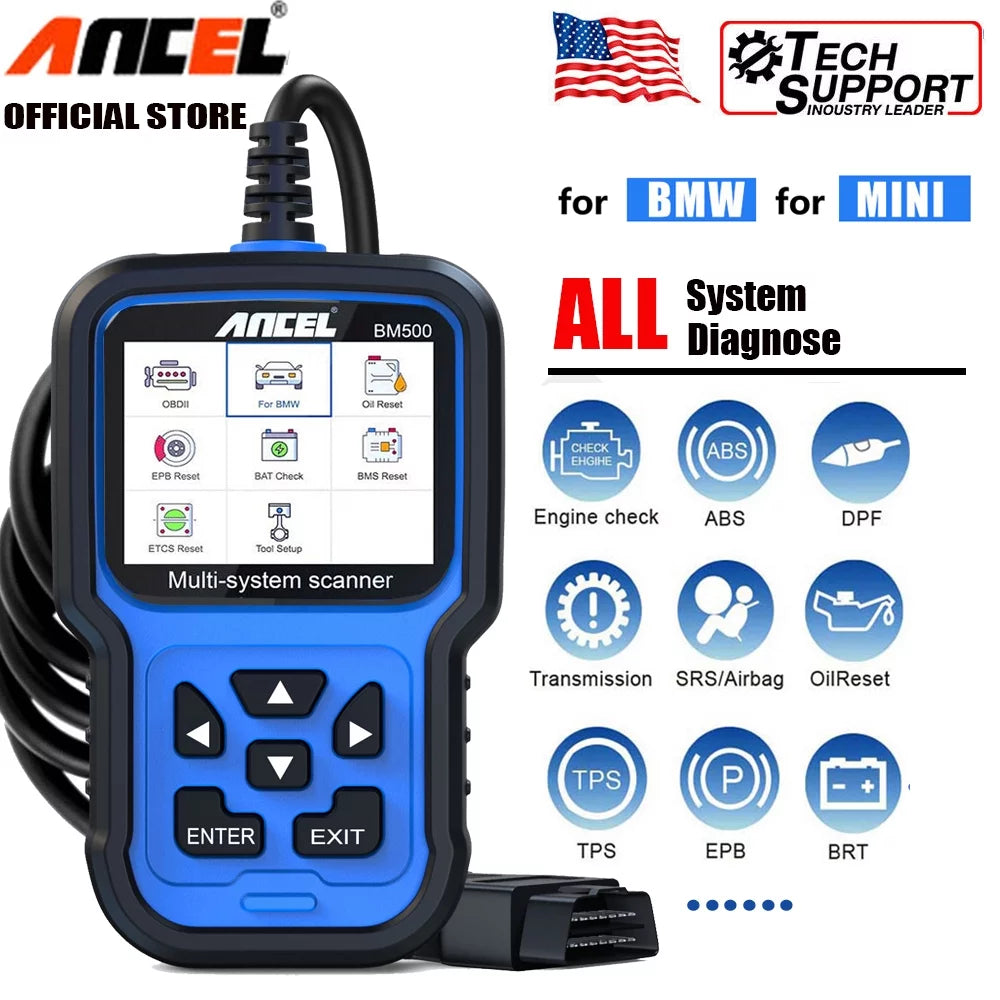 For BMW Mini ANCEL BM500 All System OBD2 Scanner Car Diagnostic Scan Tool for Engine ABS SRS ESP SAS TCM 4WD IMMO Systems