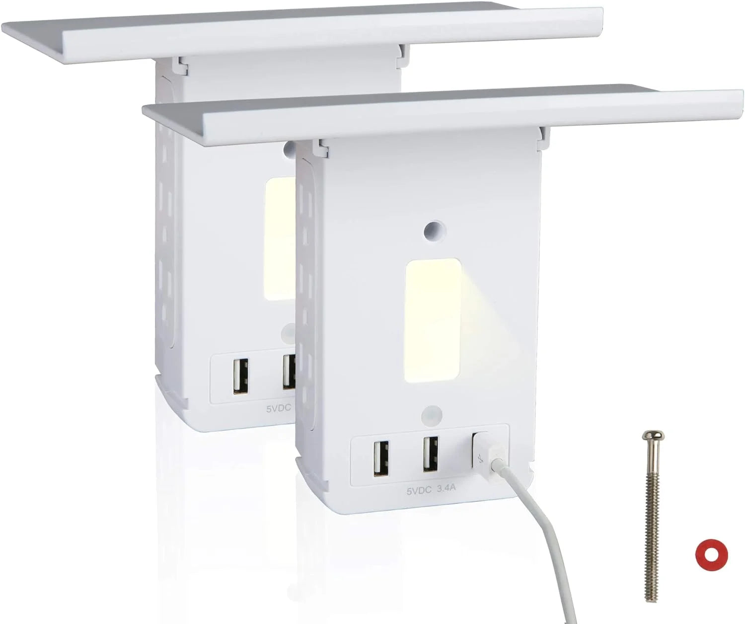 2 Pack Wall Outlet Extender with USB, 6 Outlet & 3 USB Surge Protector, Removable Built-in Shelf Multi Plug, LED Night Light