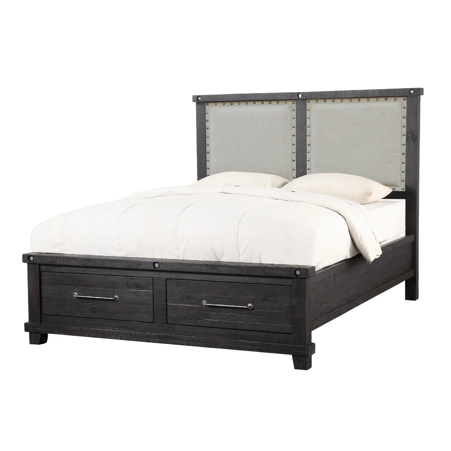 Benjara Liu Low Profile Pine Wood Queen Bed, 2 Storage Drawers, Rustic Black