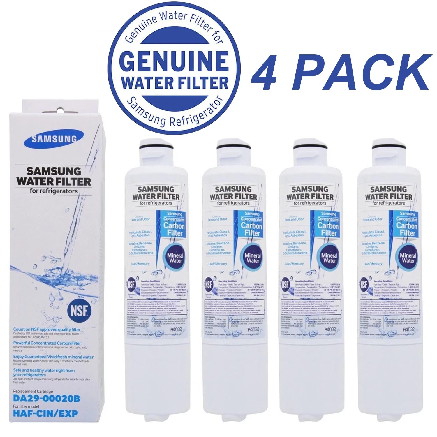 DA29-00020B NSF 53&42 Certified Refrigerator Water Filter, Replacement for Samsung DA29-00020B, HAF-CIN/EXP Pack of 4