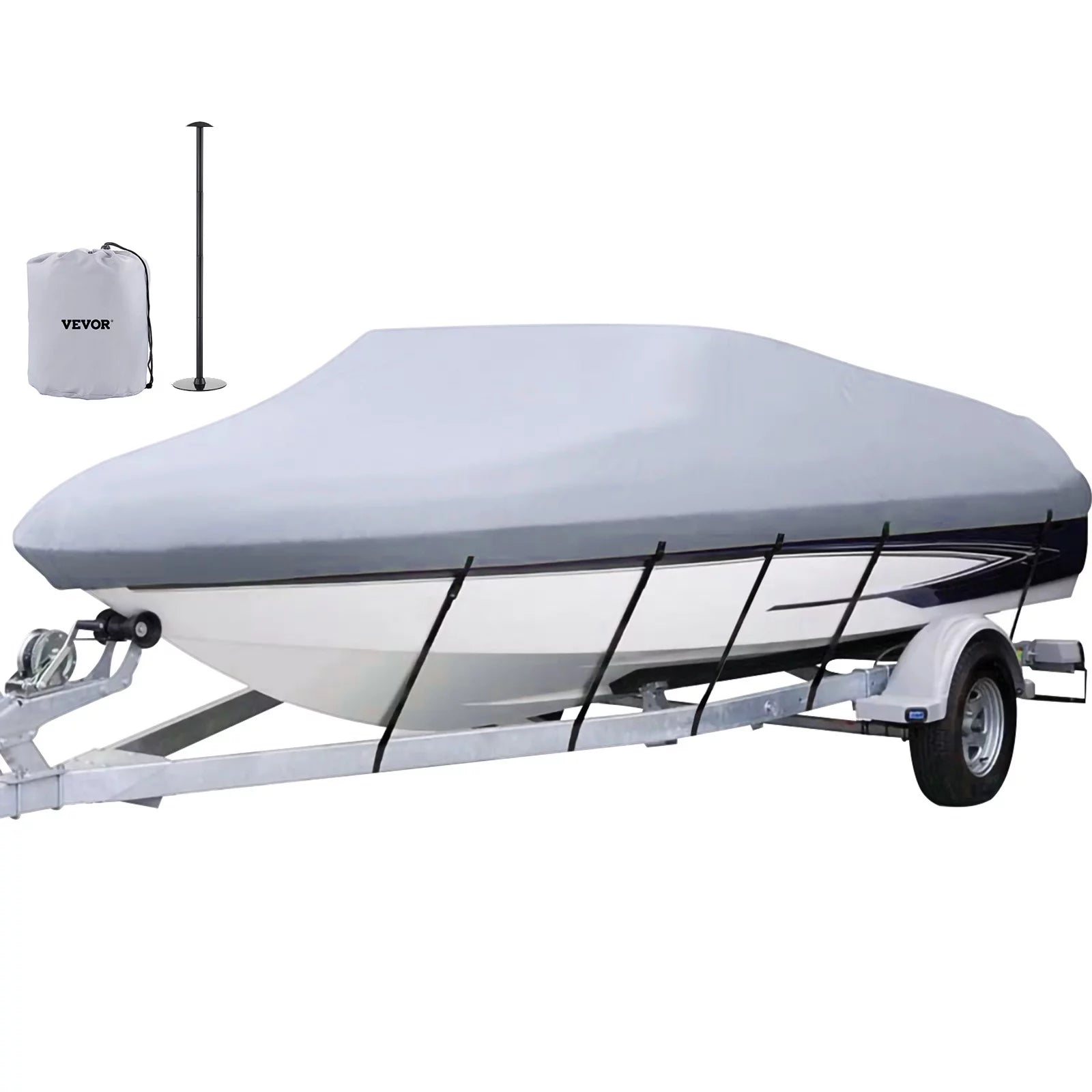 VEVOR 210D Waterproof Boat Cover, 14 to 16 Ft Trailerable Boat Cover, Beam Width up to 90 In, Heavy Duty Polyester Mooring Cover for V-Hull Runabouts with 5 Straps