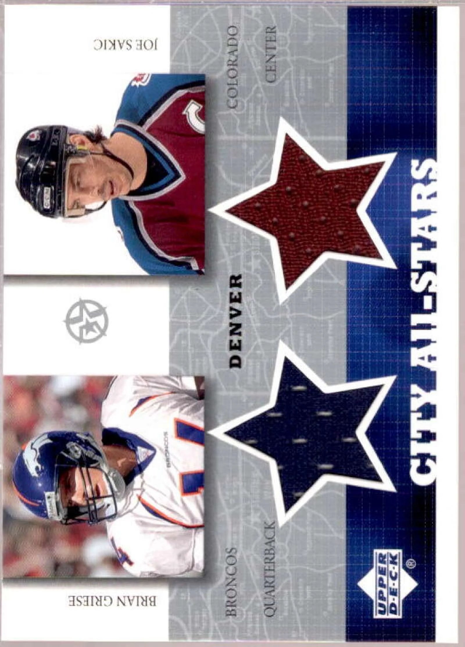 Brian Griese/Joe Sakic Card 2002 UD SuperStars City All-Stars Dual Jersey #BGJS