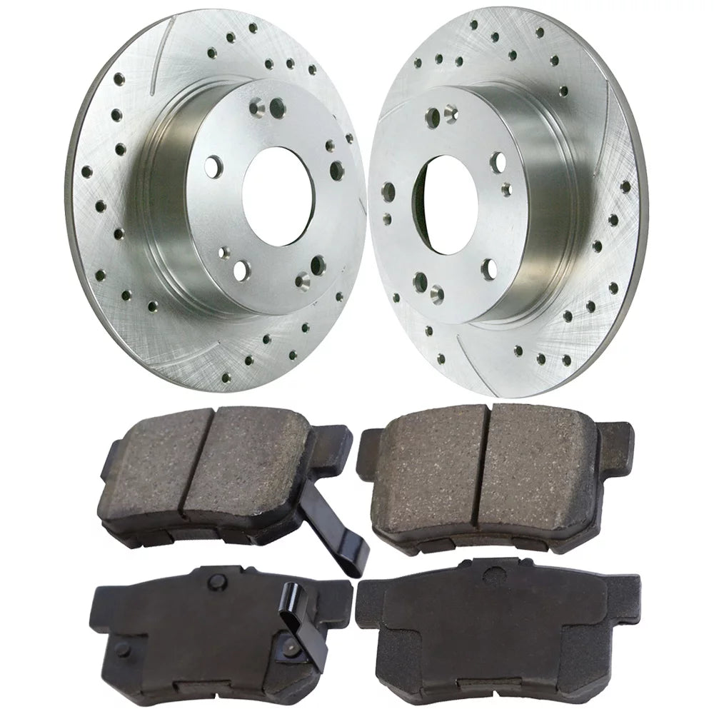 AutoShack Rear Drilled Slotted Brake Rotors Silver and Performance Ceramic Pads Kit Driver and Passenger Side Replacement for 2003-2005 2006 2007 Honda Accord 2004-2008 Acura TSX 2.4L 3.0L V6 FWD