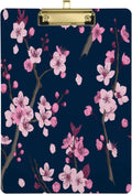 Wellsay Pink Cherry Blossom Flower Flroal Navy Blue Acrylic Clipboard Letter Size 9 x 12.5 Decorative Clipboard with Low Profile Gold Metal Clip for Office School Student Women