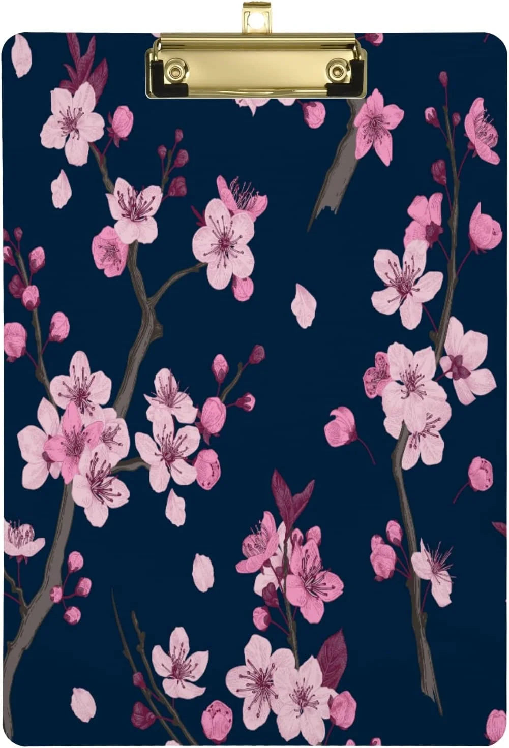 Wellsay Pink Cherry Blossom Flower Flroal Navy Blue Acrylic Clipboard Letter Size 9 x 12.5 Decorative Clipboard with Low Profile Gold Metal Clip for Office School Student Women