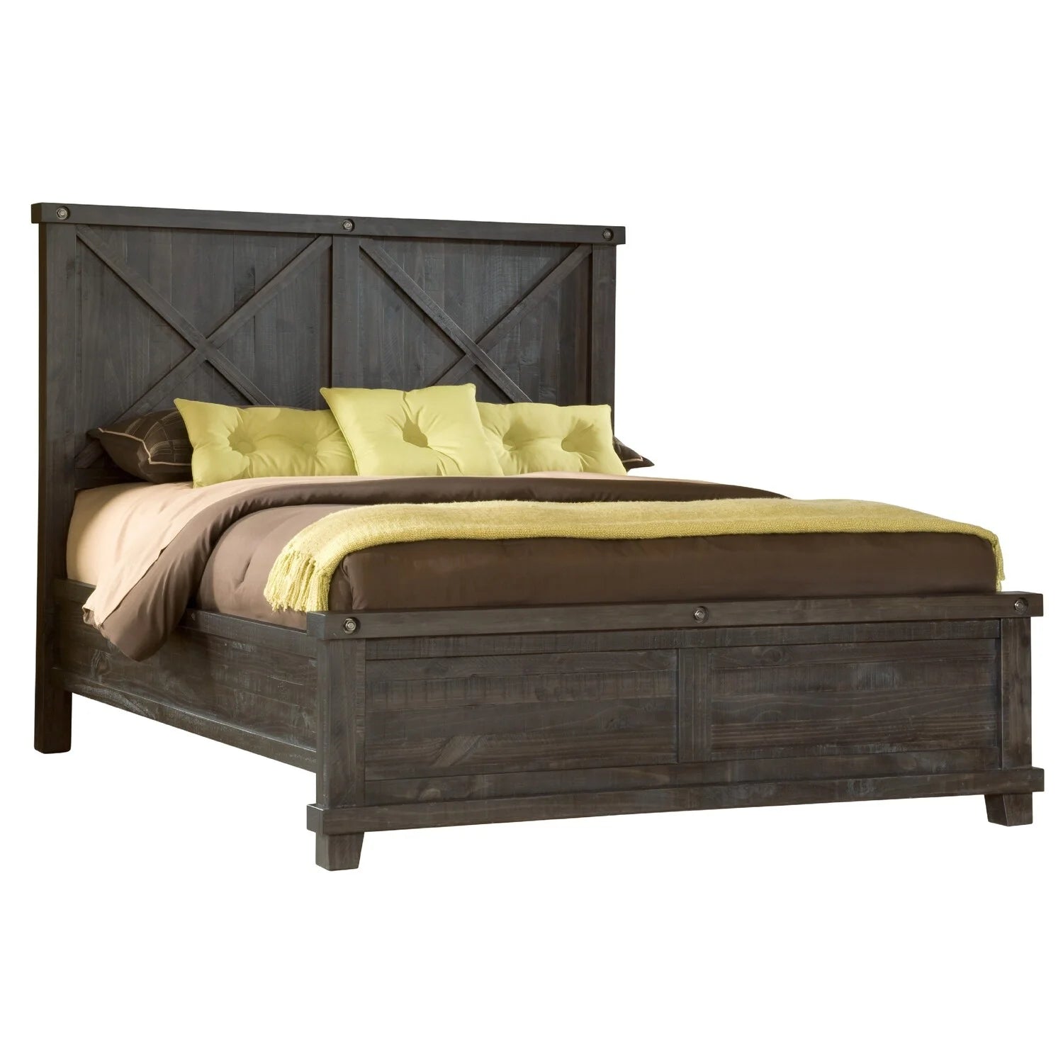 Benjara Liu Solid Platform Pine Wood Barn Style Low Profile Queen Bed, Dark Gray