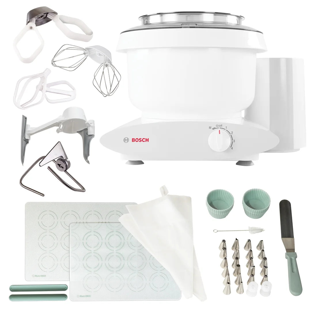 Bosch Universal Plus Stand Mixer with NutriMill Baker's Pack Accessory Bundle including Bowl Scraper, Cookie, and Cake Paddles, Icing Kit, and Silicone Cookie Sheet Liners