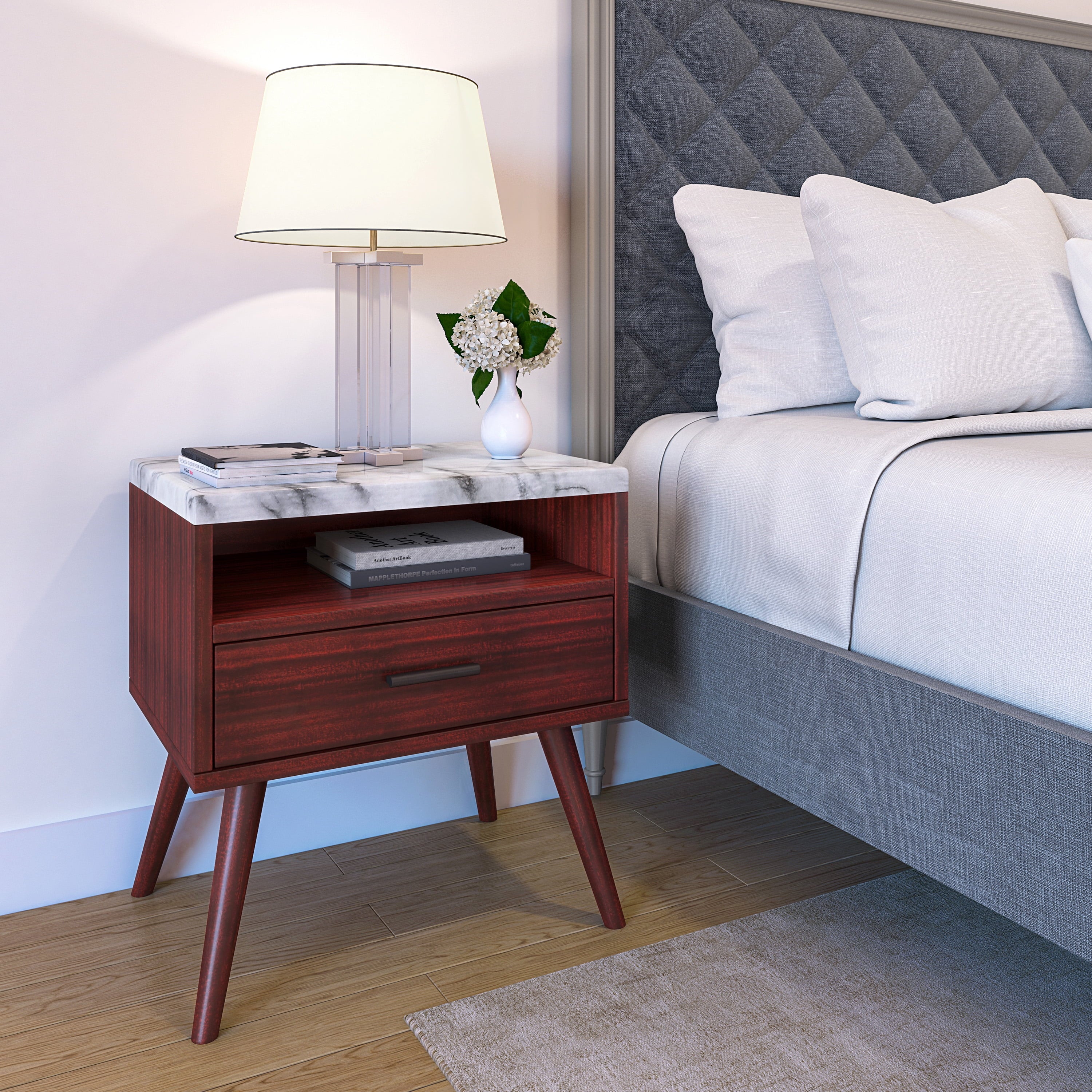 Boyd Sleep Marcello Mid Century Modern Faux Marble One Drawer Nightstand, Cherry
