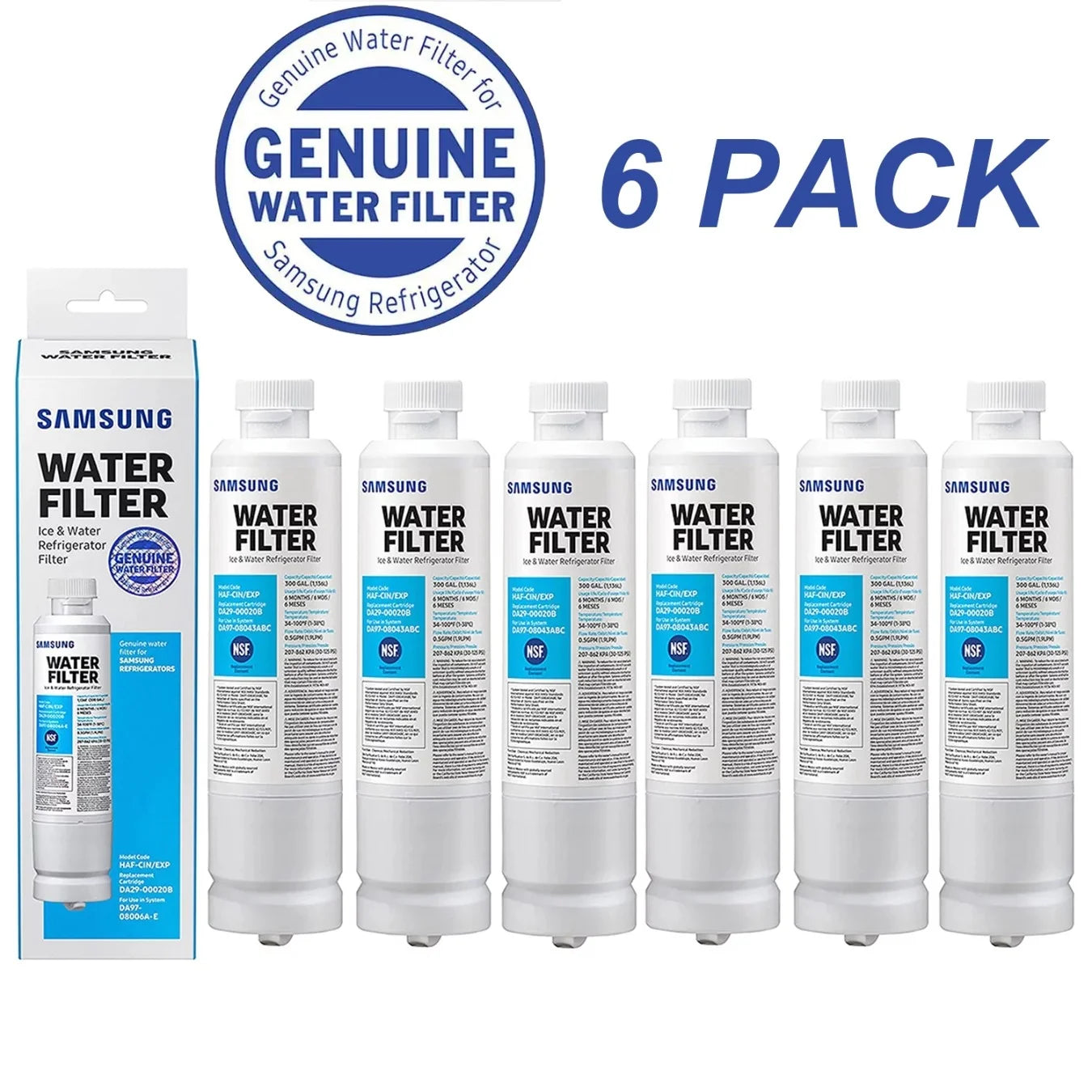 DA29-00020B HAF-CIN/EXP Refrigerator Water Filter, Compatible with Samsung Refrigerator Water Filter 6 Pack